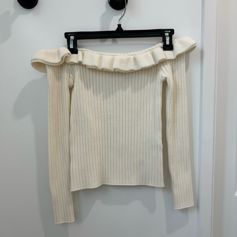 Pixie Market off the shoulder cream sweater with ruffle detail - size XS
